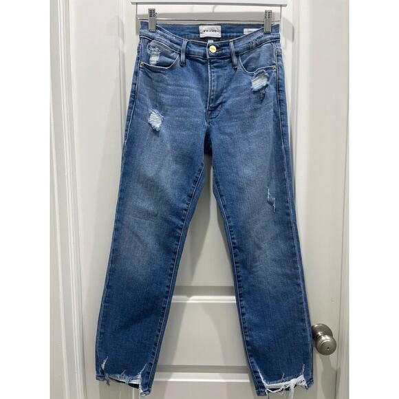 FRAME Le High High-Rise Distressed Stretch Straight-Leg Jeans Sz 27 - Picture 2 of 12